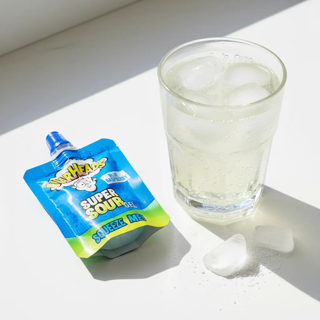Warheads Super Sour Gel Lampone Blu accanto a un bicchiere di soda al limone, illustrando il contrasto tra acidità intensa e freschezza effervescente
