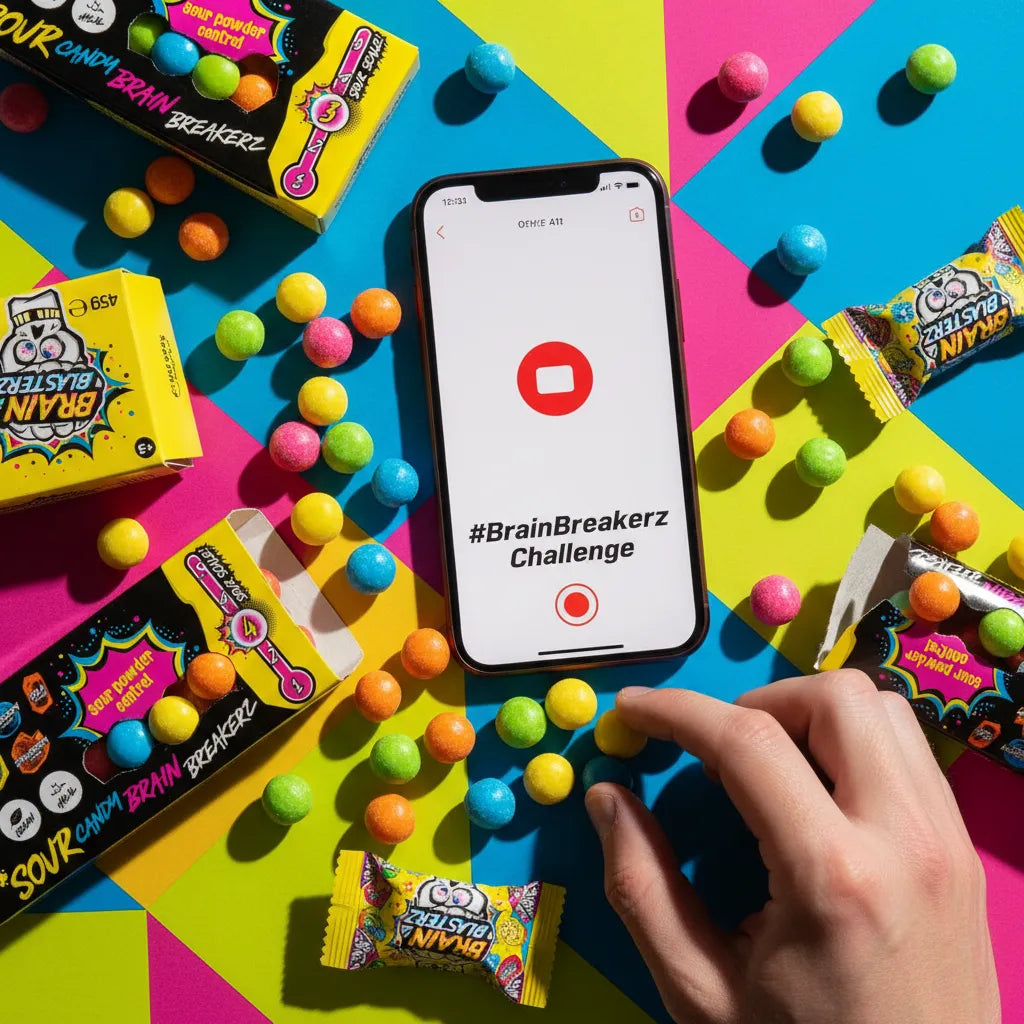 Caramelle Brain Blasterz Breakerz sul tavolo con smartphone pronto a registrare una sfida TikTok