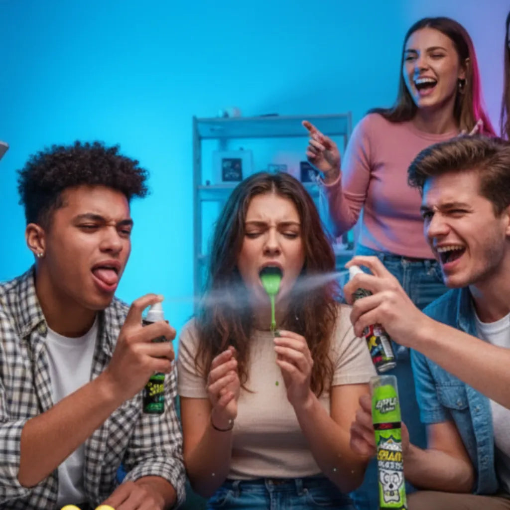Reazioni estreme al gusto di Brain Blasterz Super Sour Spray Mela & Fragola, acidità livello 3, sfida tra amici e contenuti TikTok virali