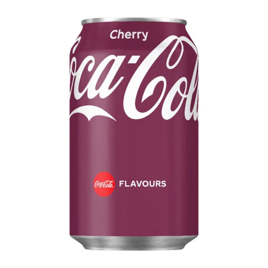 Lattina di Coca-Cola Cherry gusto ciliegia, formato 330ml, prodotta in Danimarca.