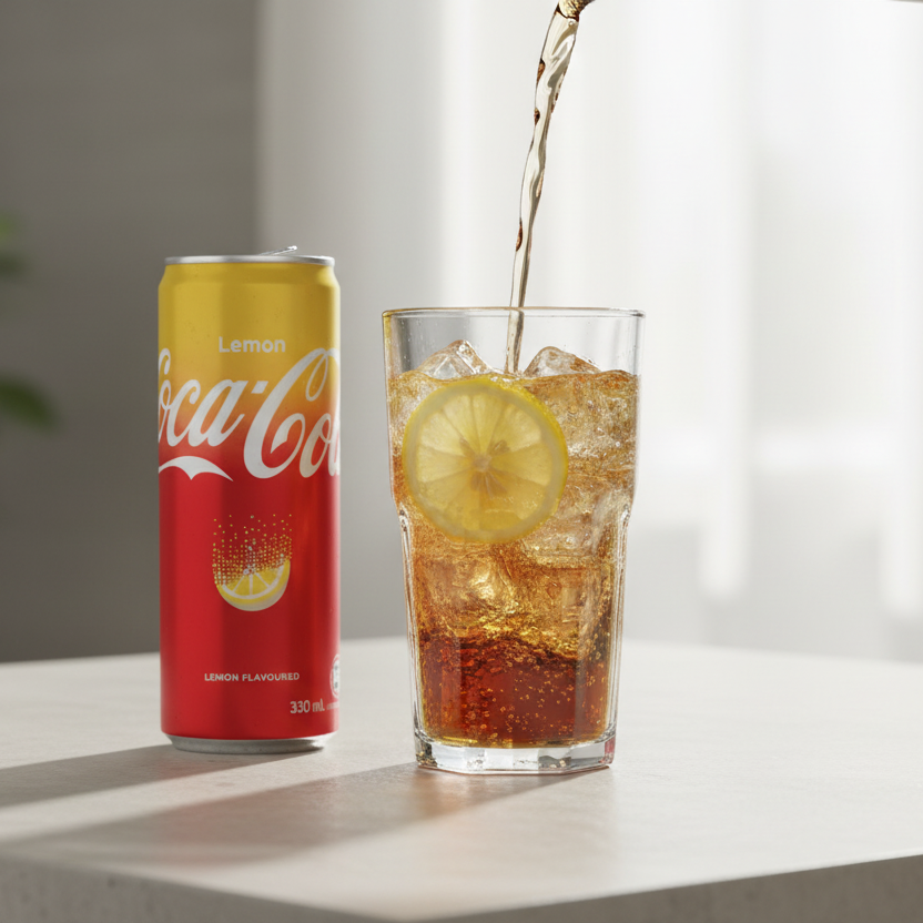 Bicchiere trasparente con Coca-Cola Lemon, ghiaccio e fetta di limone, tavola moderna, atmosfera estiva
