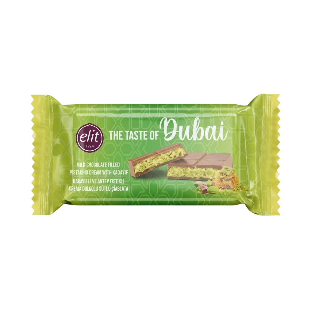 Tavoletta di cioccolato Elit 1924 Dubai da 90g con ripieno al pistacchio e kataif, elegante packaging verde con sfumature colore oro..