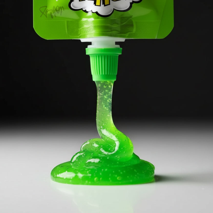 Gel Warheads Apple spremuto, mostra consistenza e colore verde intenso