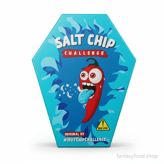 Salt Chip Challenge patatina estremamente salata da 8 grammi su sfondo bianco