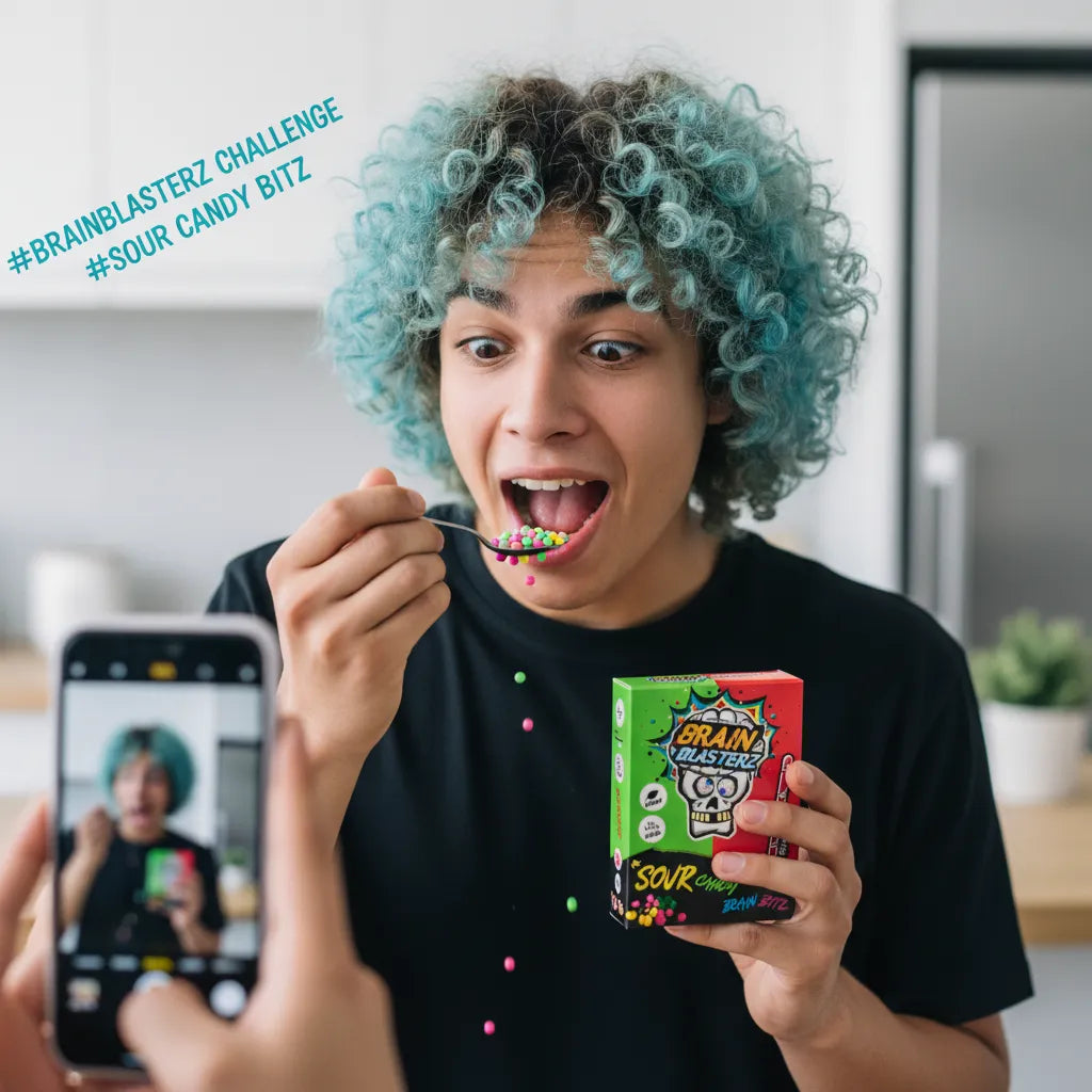 Giovane che assaggia le micro caramelle Brain Bitz Sour Candy, espressione sorpresa e divertita, enfatizzando la reazione all’acidità e il carattere virale del prodotto.
