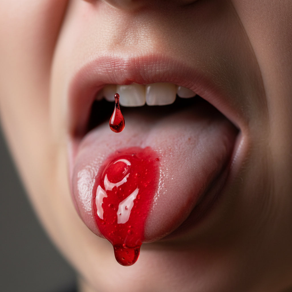 Primo piano del Warheads Super Sour Gel Fragola spremuto sulla lingua con goccia di gel rosso brillante, mostrando acidità intensa e texture gelatinosa