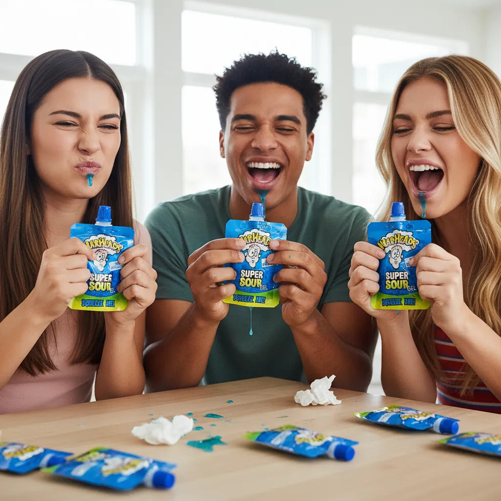 Ragazzi che provano il Warheads Super Sour Gel Lampone Blu durante una sfida, mostrando reazioni estreme e divertimento condiviso