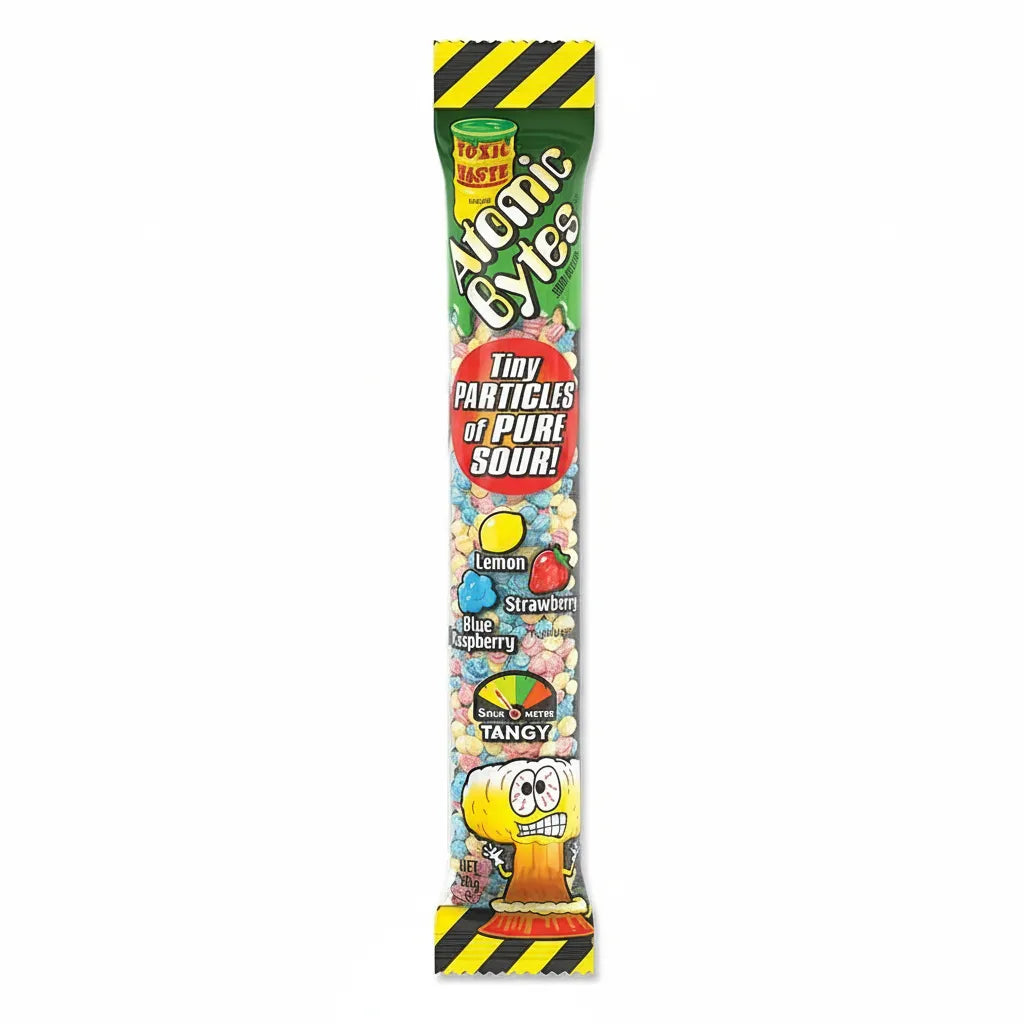 Pacchetto di caramelle gommose (chewy candies) TOXIC WASTE ATOMIC BYTES, note come 'mini bombe acide' che esplodono di gusto. La confezione è a tema tossico/nucleare con colori accesi (verde e giallo) e presenta il noto logo di pericolo. Caramelle super aspre, introvabili, importate dagli Stati Uniti (USA).