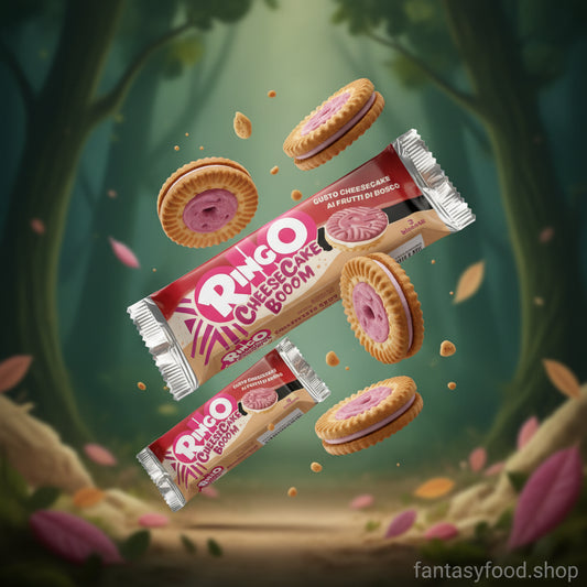 Biscotti Ringo Cheesecake frutti di bosco in primo piano su sfondo ambientato.