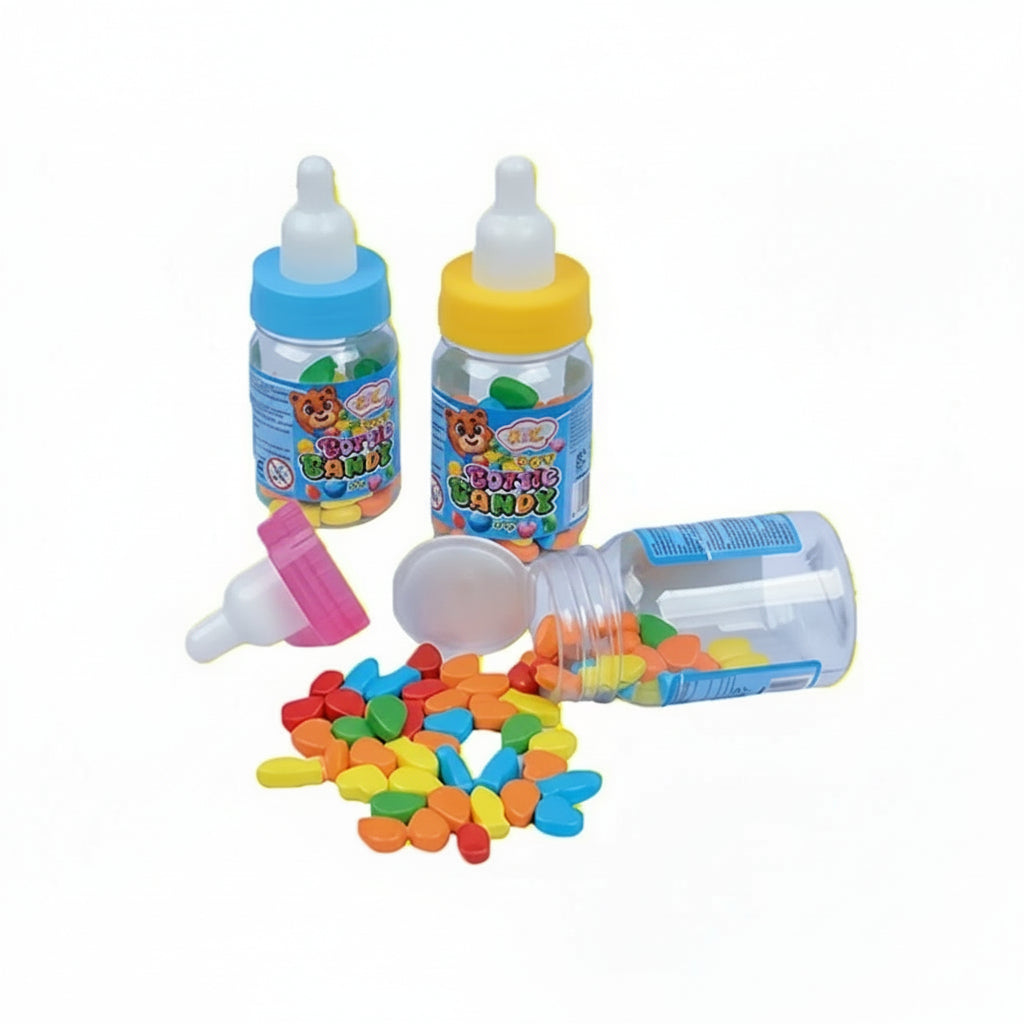Caramelle gommose fruttate JOY GUM Toy Bottle Candy in una bottiglia di plastica con gadget giocattolo collezionabile. La confezione è colorata e mostra l'uso del giocattolo come dispenser. Snack divertente per bambini e idea regalo.