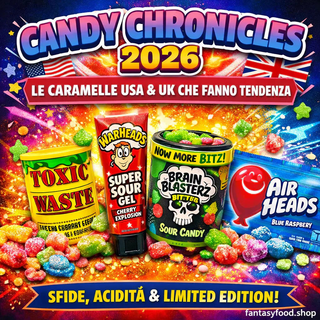 Pacchetti colorati e aciduli di caramelle Warheads, Brain Blasterz e Airheads, edizioni limitate USA e UK, candy pop per giovani e appassionati.