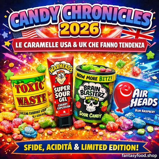 Pacchetti colorati e aciduli di caramelle Warheads, Brain Blasterz e Airheads, edizioni limitate USA e UK, candy pop per giovani e appassionati.