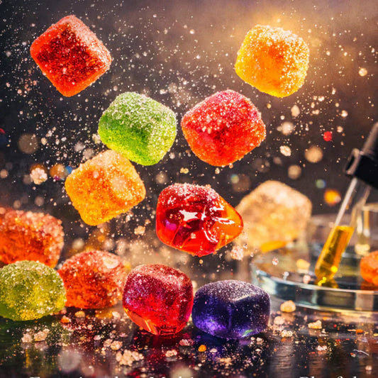 Caramelle gommose 2026, funzionali e multisensoriali, ripieno visibile, sospese, zucchero scintillante, stile editoriale food NYC.