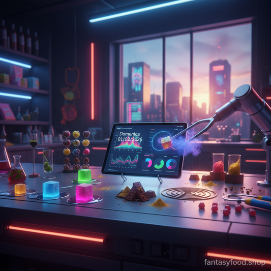 Analisi molecolare di caramelle gommose fluorescenti in un laboratorio futuristico con braccio robotico, tablet con grafici dei sapori e stile Pop.