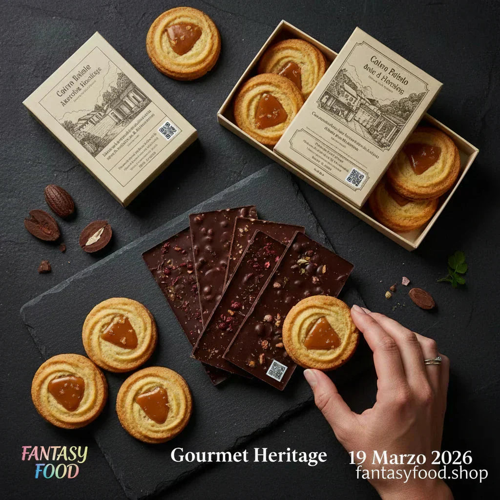 Assortimento di biscotti artigianali e barrette di cioccolato premium Gourmet Heritage.