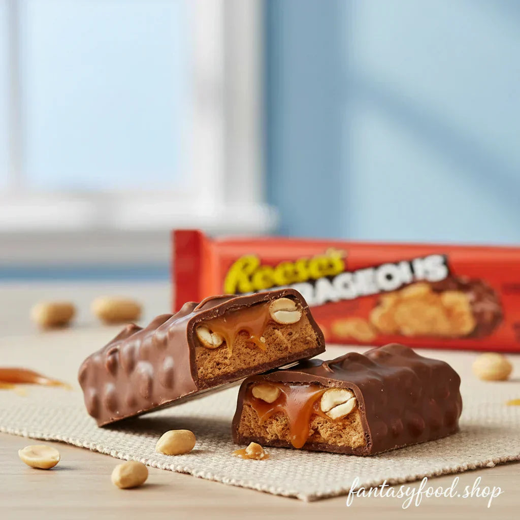 Scatto hero shot di una barretta di cioccolato e burro d'arachidi Reese's Nutrageous tagliata, con caramello dorato che cola e arachidi intere visibili all'interno. Ambientazione luminosa e moderna con toni caldi e legno chiaro.