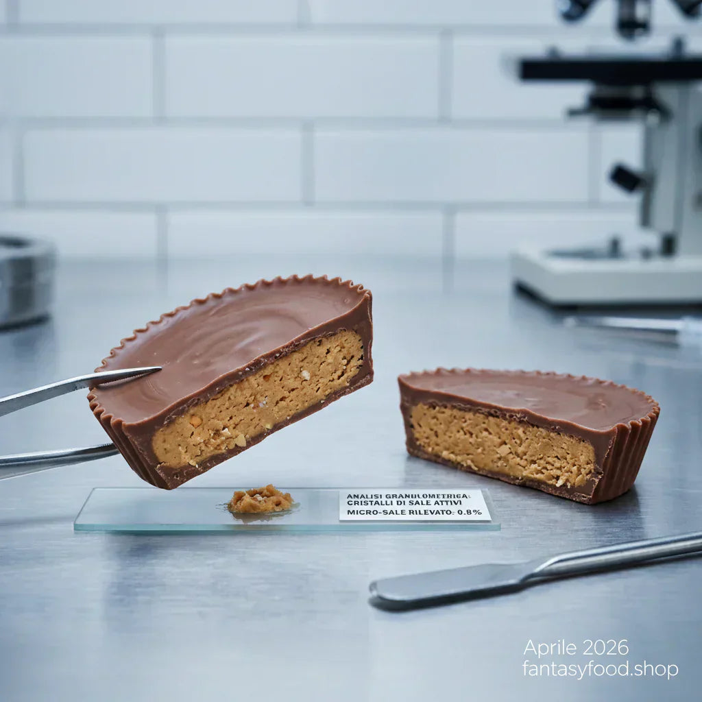 Sezione macro editoriale di una Reese's Peanut Butter Cup su tavolo da laboratorio, che mostra il guscio di cioccolato e il ripieno granuloso sezionato, con pinze e vetrino da microscopio per analisi granulometrica, stile New York Times.