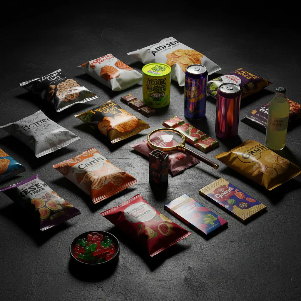 Composizione editoriale di snack internazionali premium e drink analcolici/energy drynk rari su sfondo scuro, riepilogo tendenze gennaio 2026.