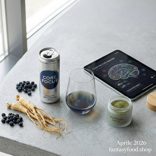 Composizione editoriale di bevande funzionali 2026: lattina di energy drink nootropico accanto a radici botaniche e tablet con analisi delle prestazioni cognitive, stile New York Times.