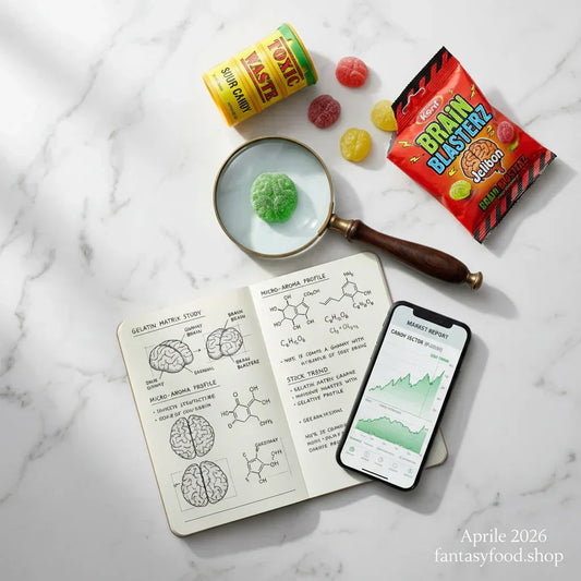 Scatto editoriale in stile New York Times: analisi tecnica di una gommosa Brain Blasterz sotto lente d'ingrandimento, con taccuino scientifico su micro-aromi e smartphone con report di mercato snack 2026.