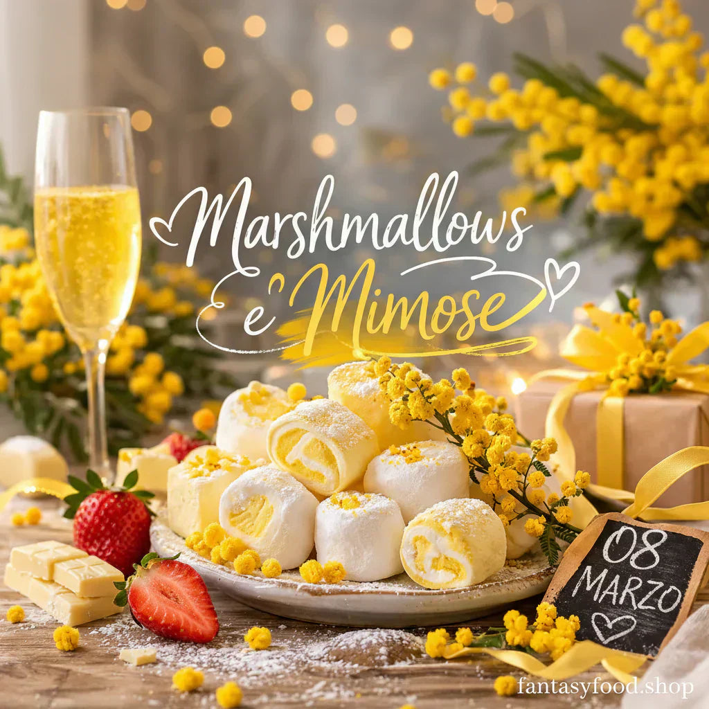Articolo "Marshmallows e Mimose" con bouquet di marshmallows gialli e bianchi avvolti in cellophane, mimose fresche, cocktail Mimosa, biscotti e fragole su tavolo rustico, luce naturale, atmosfera festiva Festa della Donna, fotografia editoriale.