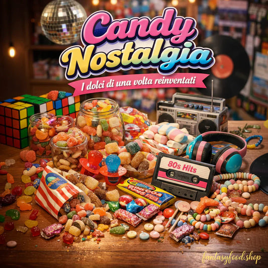 Copertina articolo "Candy Nostalgia" con caramelle vintage anni '80 e '90, cassette musicali, cuffie retro e colori vivaci, evocando nostalgia e dolci di una volta reinventati.