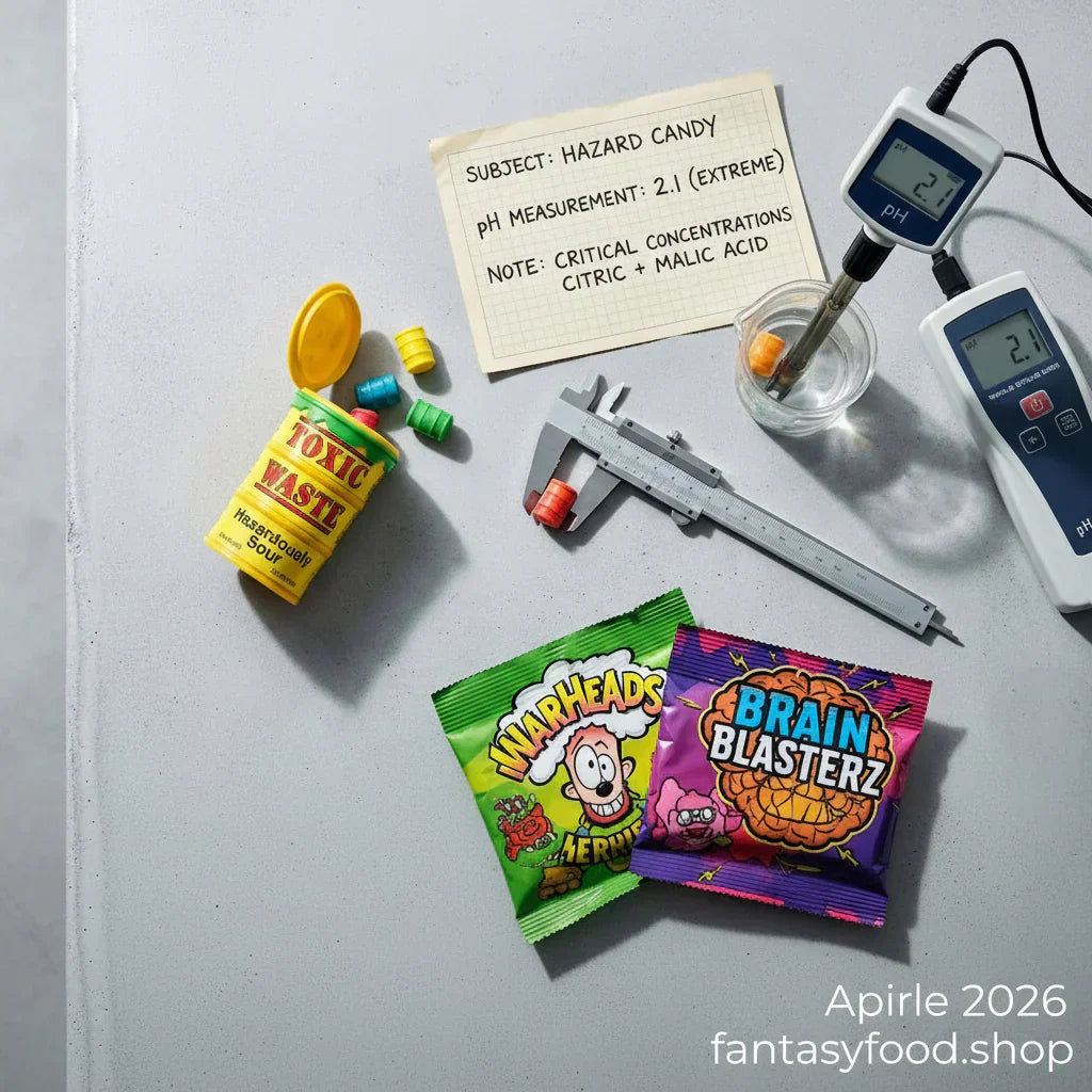 Caramella più acida del mondo Toxic Waste: test pH 2.1 con strumentazione scientifica, calibro e confezioni Warheads e Brain Blasterz su cemento.