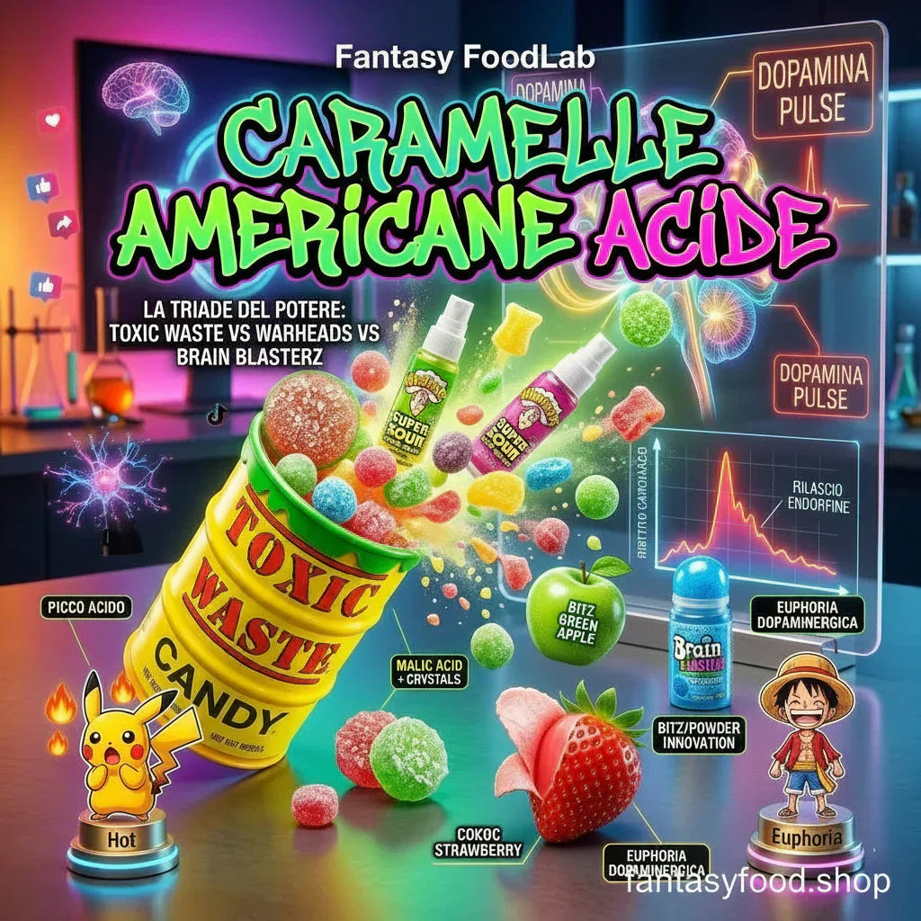 Caramelle Americane Acide (Focus su Toxic Waste, Warheads, Brain Blasterz, Airheads, Nerds, e trend TikTok/transmediali).