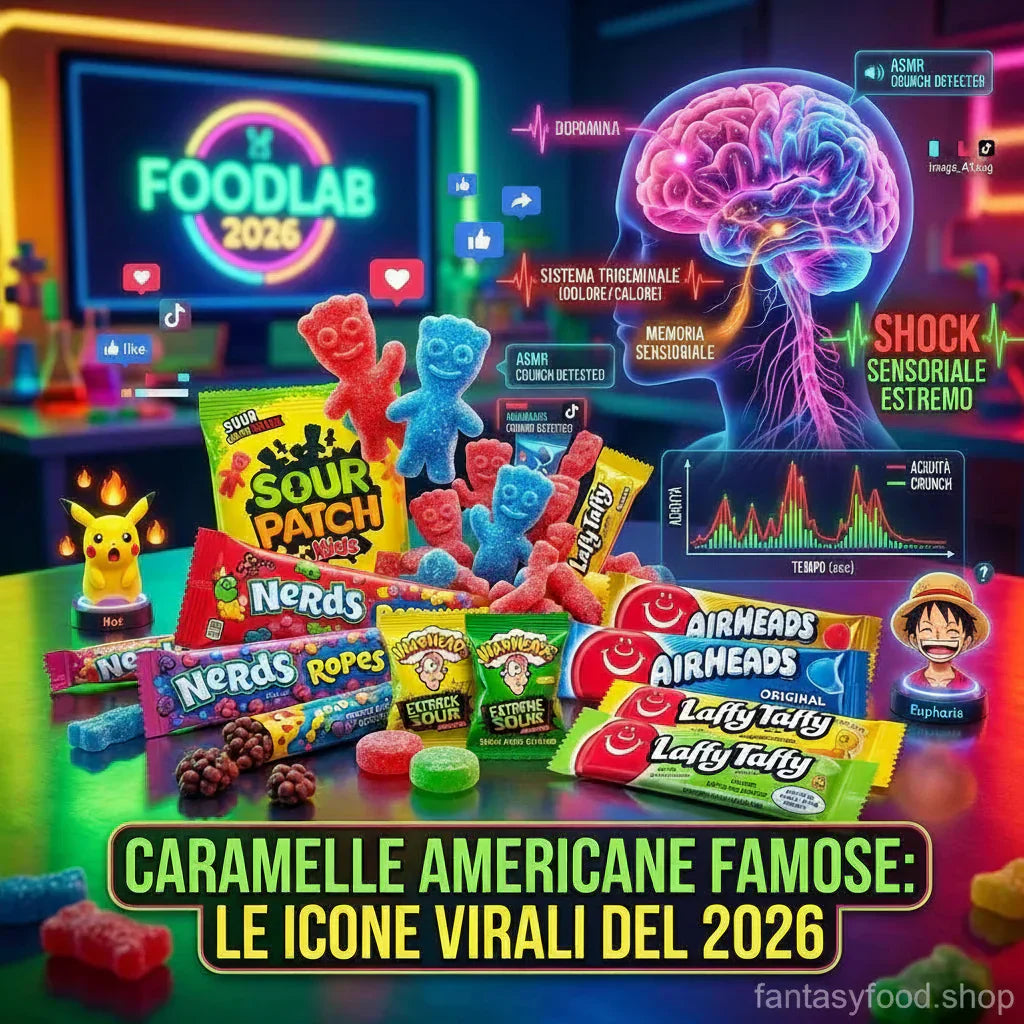 Classifica caramelle americane famose 2026: Sour Patch Kids, Nerds, Warheads e Airheads in un setup editoriale Fantasy FoodLab con analisi sensoriale.
