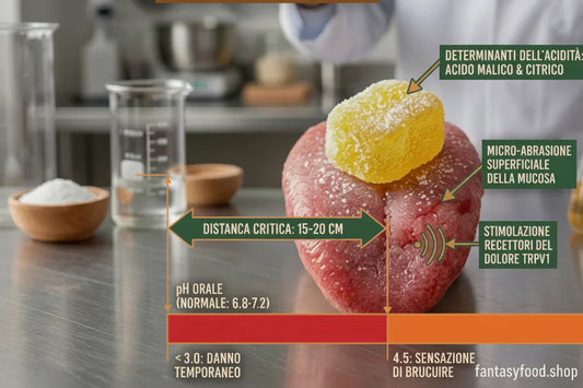Infografica scientifica lingua e caramelle aspre: acidi, pH orale, recettori TRPV1 e FAQ lingua bianca. Fantasy FoodLab.