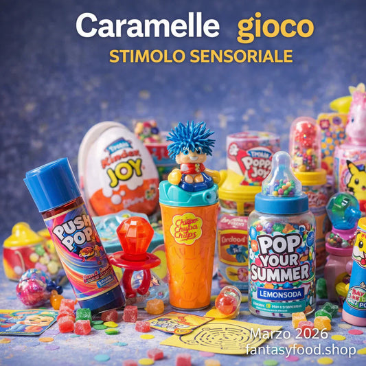 Assortimento di candy toys e caramelle con gadget, packaging interattivo e dolci colorati in stile foto editoriale food.