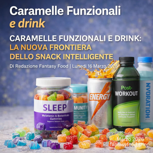 Caramelle funzionali gommose con vitamine accanto a bevande energetiche e drink nutraceutici in stile food photography professionale.