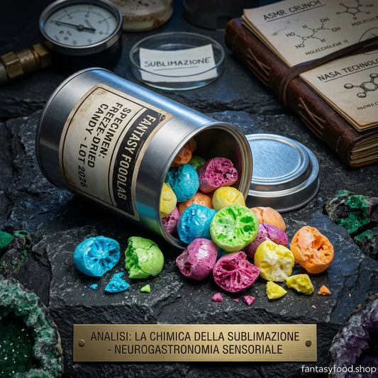 Analisi scientifica Fantasy FoodLab su caramelle liofilizzate freeze-dried: barattolo spaziale con snack croccanti, quaderno NASA e sensore di vuoto per sublimazione. Trend ASMR 2026.