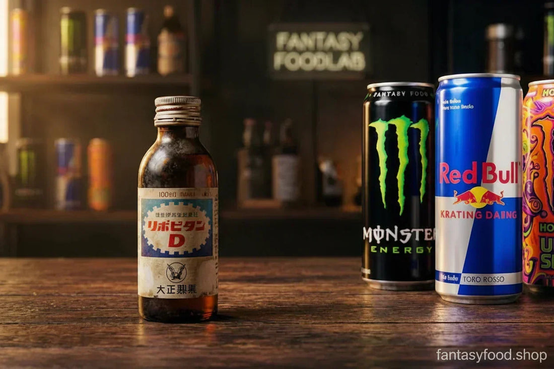 Evoluzione degli energy drink: dalla prima bottiglia giapponese anni 60 alle moderne lattine di bevande energetiche introvabili su Fantasy Food.
