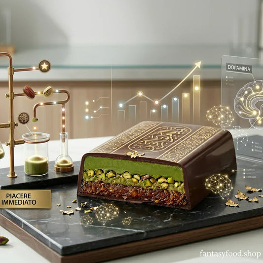 Vetrina Cioccolato Dubai: barretta premium aperta con ripieno di pistacchio e datteri, setup bio-chimico dorato 'Piacere Immediato' e mappa cerebrale olografica 'Dopamina' su marmo scuro. Analisi FoodLab.