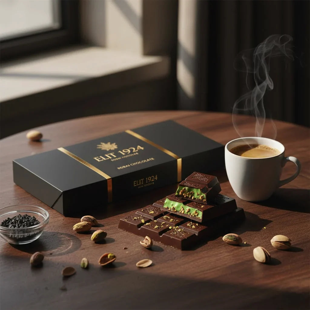 Scena editoriale con packaging Elit 1924 Dubai Chocolate, tavoletta spezzata con ripieno cremoso al pistacchio, tazzina di caffè e sale nero su tavolo in legno scuro.