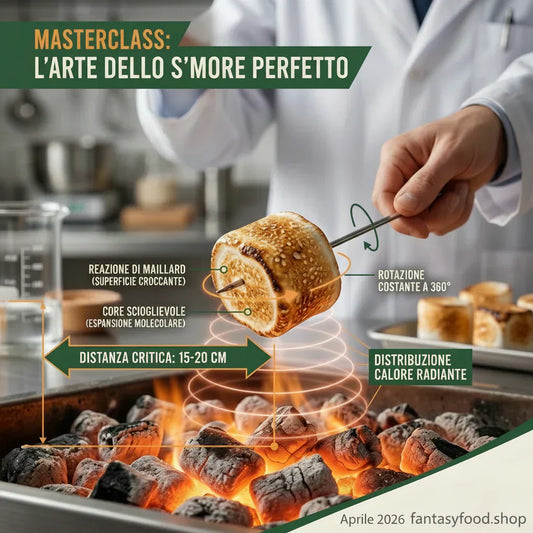 Macro professionale 1:1 di un marshmallow dorato alla perfezione con la tecnica della rotazione su braci ardenti. Dettaglio della crosticina caramellata di Maillard e consistenza soffice. Estetica cinematografica Fantasy FoodLab.
