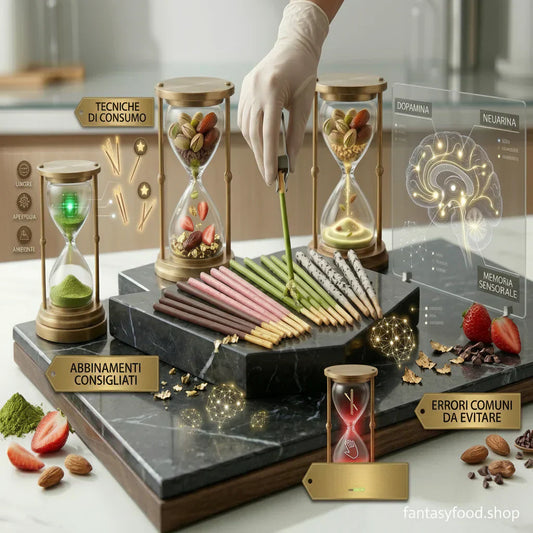 Guida visiva Pocky: mano esperta solleva un bastoncino Matcha con pinza dorata su marmo. Clessidre per 'Tecniche di Consumo', 'Abbinamenti' e 'Preparazione'. Analisi sensoriale quadrata FoodLab 2026.