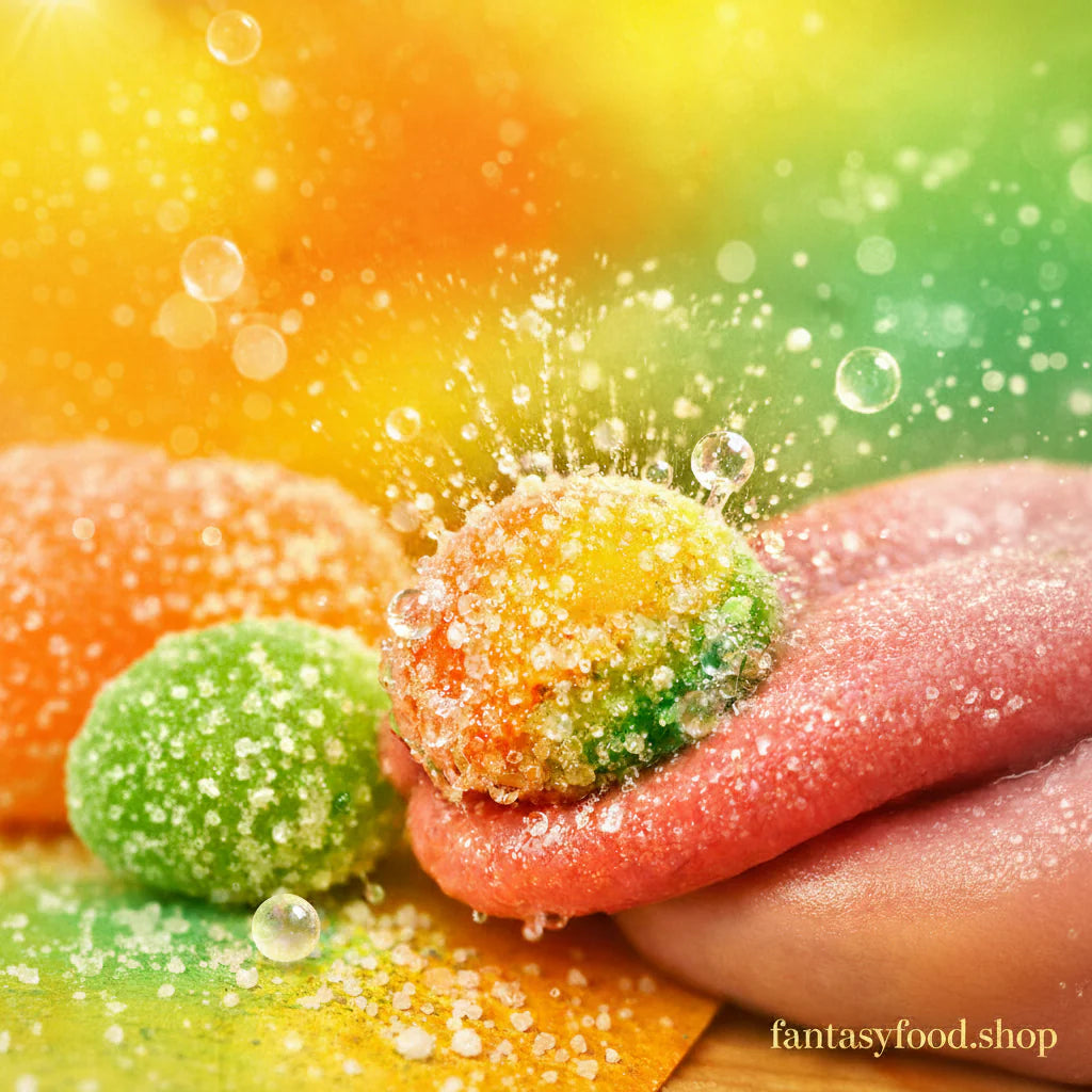Macro di una caramella frizzante multicolore sulla lingua, con bolle visibili e scintillanti, sfondo sfocato pastello, stile editoriale pop-scientifico.