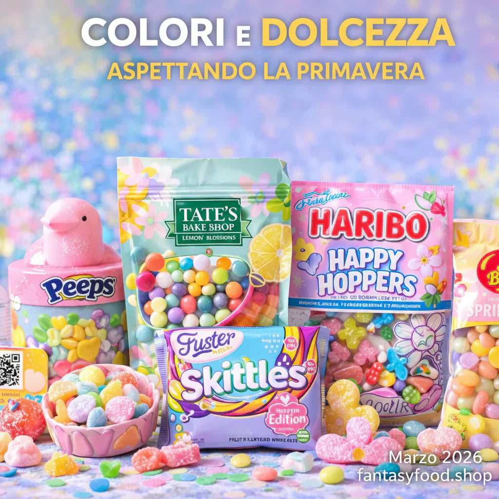 Fotografia editoriale di snack primaverili con packaging pastello rosa, giallo e verde, caramelle gommose a forma di fiori e frutta, evocando dolcezza, freschezza e esperienza multisensoriale per promuovere acquisto stagionale