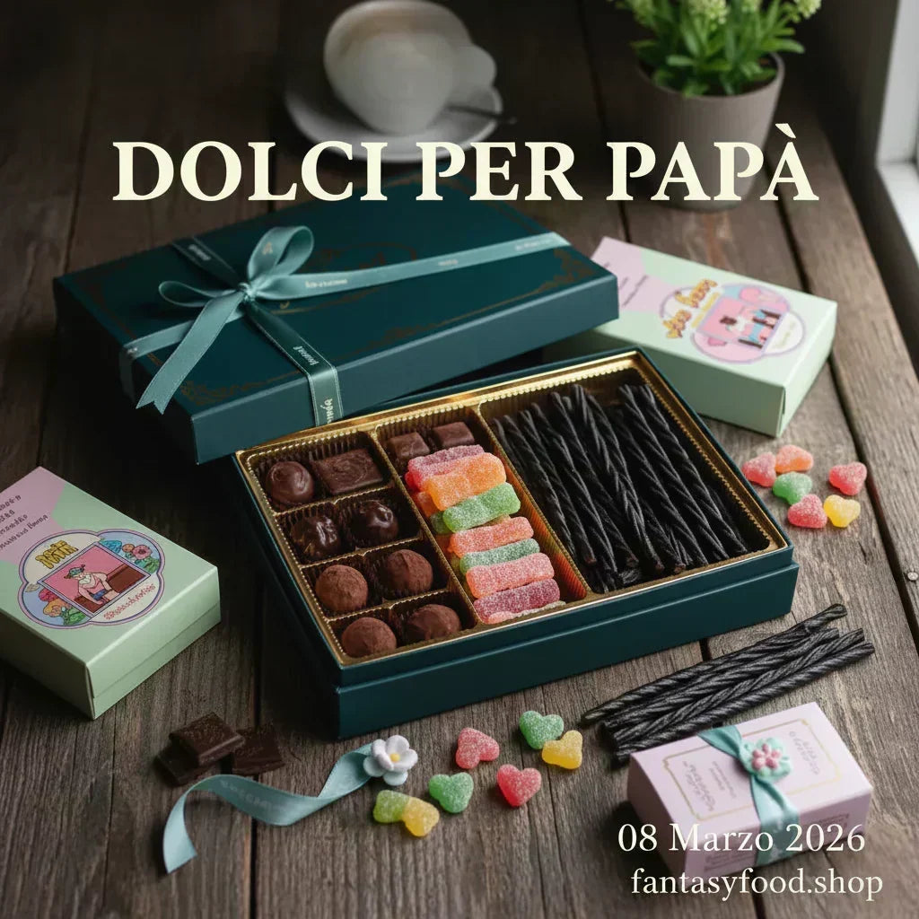 Articolo "Idee Dolci per la Festa del Papà" cioccolato fondente, caramelle gommose vintage e liquirizie artigianali in scatole regalo eleganti, tavolo legno rustico, luce naturale morbida, atmosfera primaverile, stile magazine