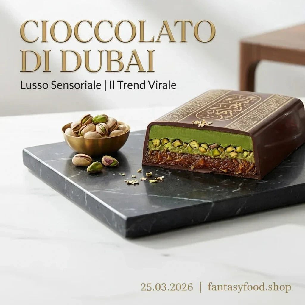 Dettaglio cioccolato di Dubai aperto: ripieno cremoso al pistacchio e datteri con foglie d'oro. Estetica lussuosa su marmo, perfetto per social trend e amanti snack rari.