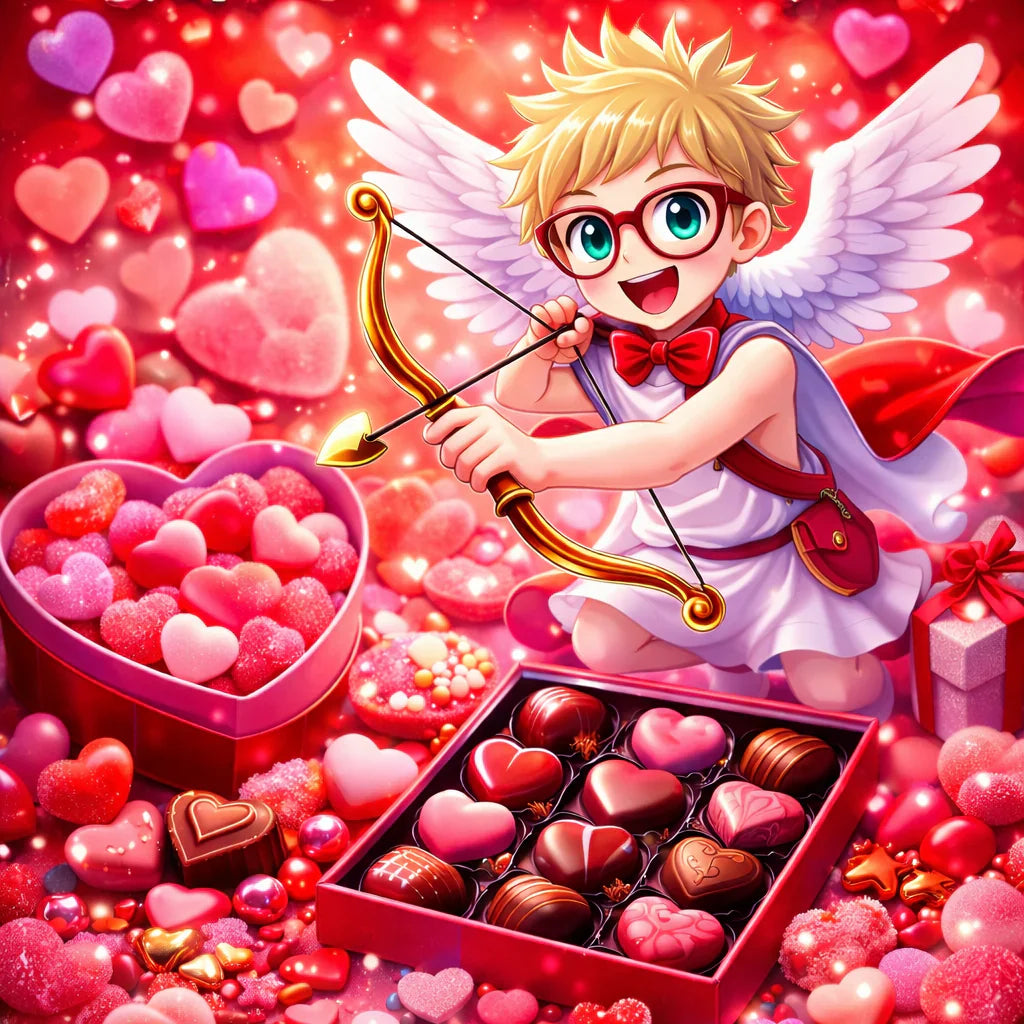Illustrazione in stile nerd/anime di Cupido circondato da caramelle e cioccolatini colorati, atmosfera romantica e giocosa per San Valentino 2026, colori vivaci e accattivanti.