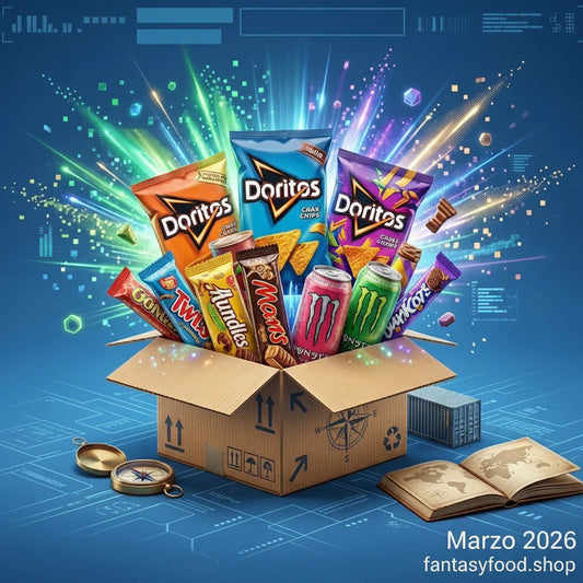 Vetrina snack americani particolari: box di importazione con Doritos, Monster e snack rari su sfondo tech blu con bussola e mappa del mondo.