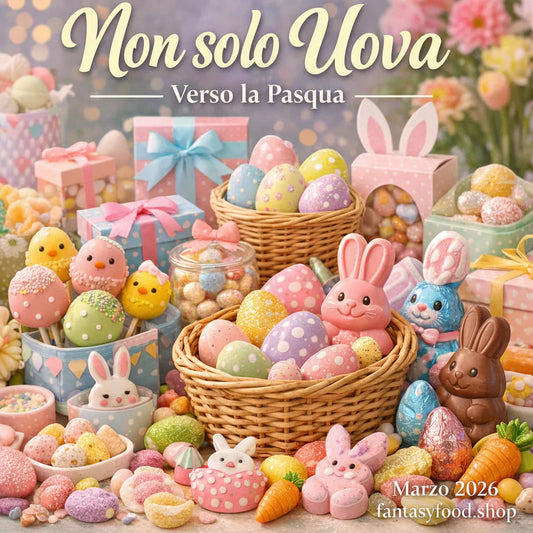 Assortimento di dolci e caramelle di Pasqua con uova colorate, coniglietti di cioccolato e packaging pastello in stile primaverile.