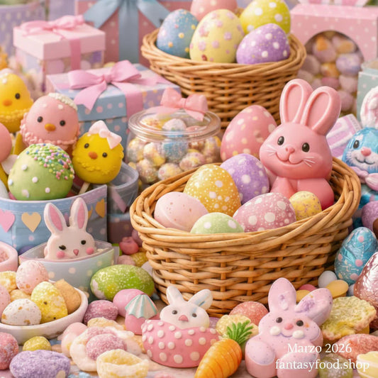 Assortimento di caramelle e dolci pasquali con ovetti colorati, coniglietti di cioccolato, gommose e packaging pastel primaverile in stile Easter candy display.