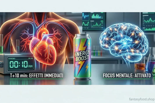 Rappresentazione scientifica degli effetti degli energy drink su cuore e cervello dopo 10 minuti: attivazione focus mentale e bio-feedback cardiaco in laboratorio Fantasy Food Shop Usa Asia