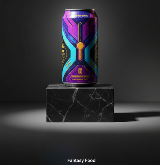 Lattina di energy drink raro in edizione limitata, pezzo da collezione per la Snack Culture 2026 - Fantasy Food.