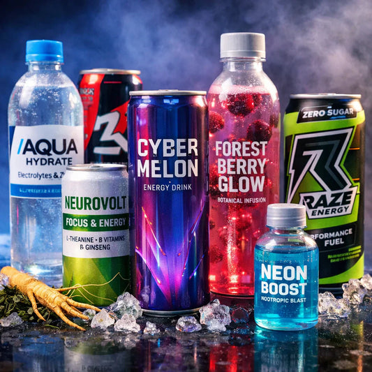 Energy drink funzionali e bevande smart invernali 2026, lattine futuristiche e colori freddi, fotografia editoriale su trend USA e Asia.