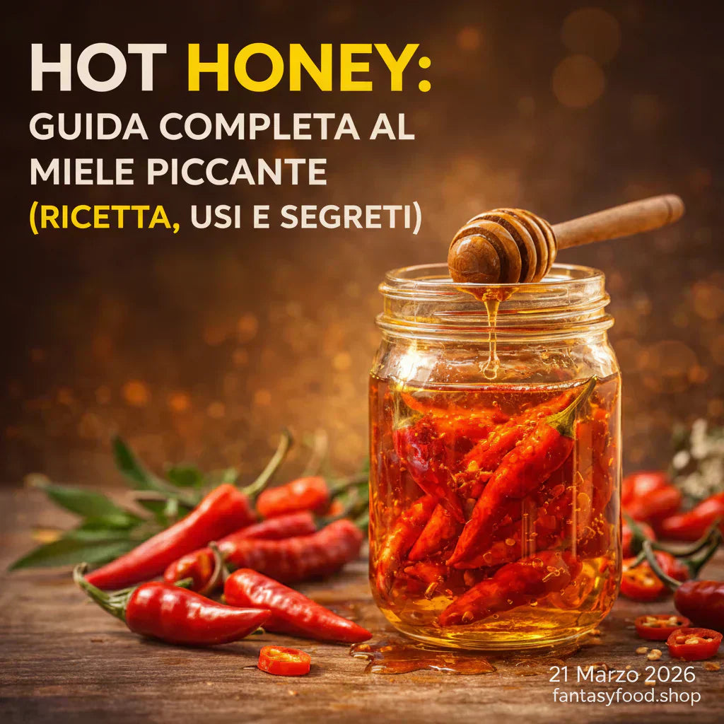 Barattolo di hot honey con peperoncini rossi immersi nel miele piccante, miele che cola dal cucchiaio, condimento dolce-piccante ideale per pizza, pollo e snack gourmet